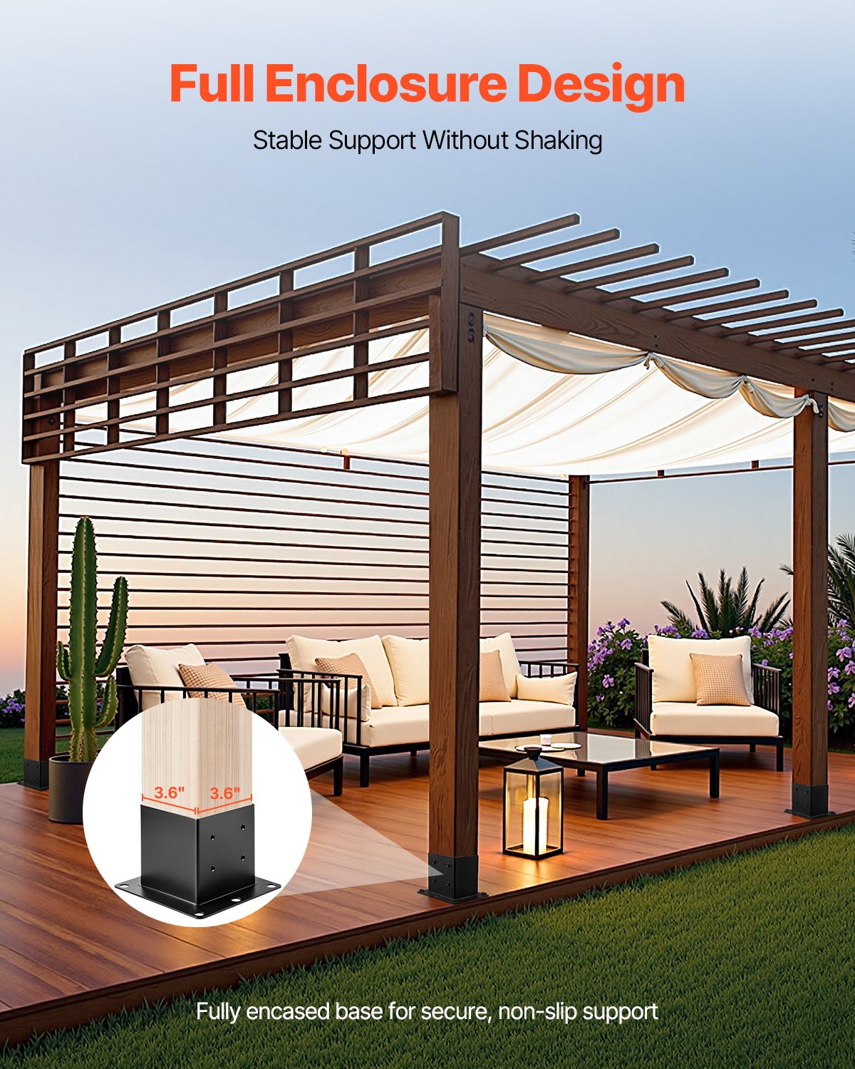 4x4 stolpbas 4 st, innermått 3,6x3,6 tum / 92x92 mm stolpfästen, kraftiga däckstolpar i kolstål, trästolpfästen för paviljongdäck, stöddäcksbasplatta, svart