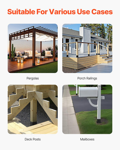 4x4 stolpbas 4 st, innermått 3,6x3,6 tum / 92x92 mm stolpfästen, kraftiga däckstolpar i kolstål, trästolpfästen för paviljongdäck, stöddäcksbasplatta, svart