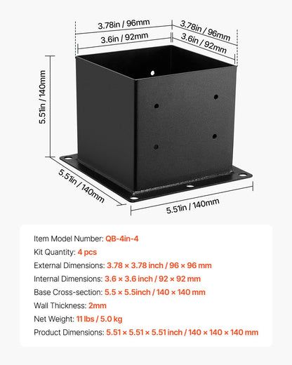 4x4 stolpbas 4 st, innermått 3,6x3,6 tum / 92x92 mm stolpfästen, kraftiga däckstolpar i kolstål, trästolpfästen för paviljongdäck, stöddäcksbasplatta, svart