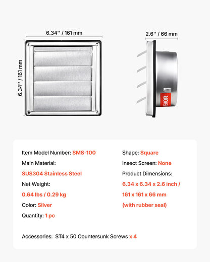 97mm Wall Vent Cover, Louvered Square AC Vent Gable Cover, Premium Stainless Steel & with Noise Reducing Rubber Gasket, for House,Bathroom,Garage,Kitchen,Basement (1 Pack, Silver)