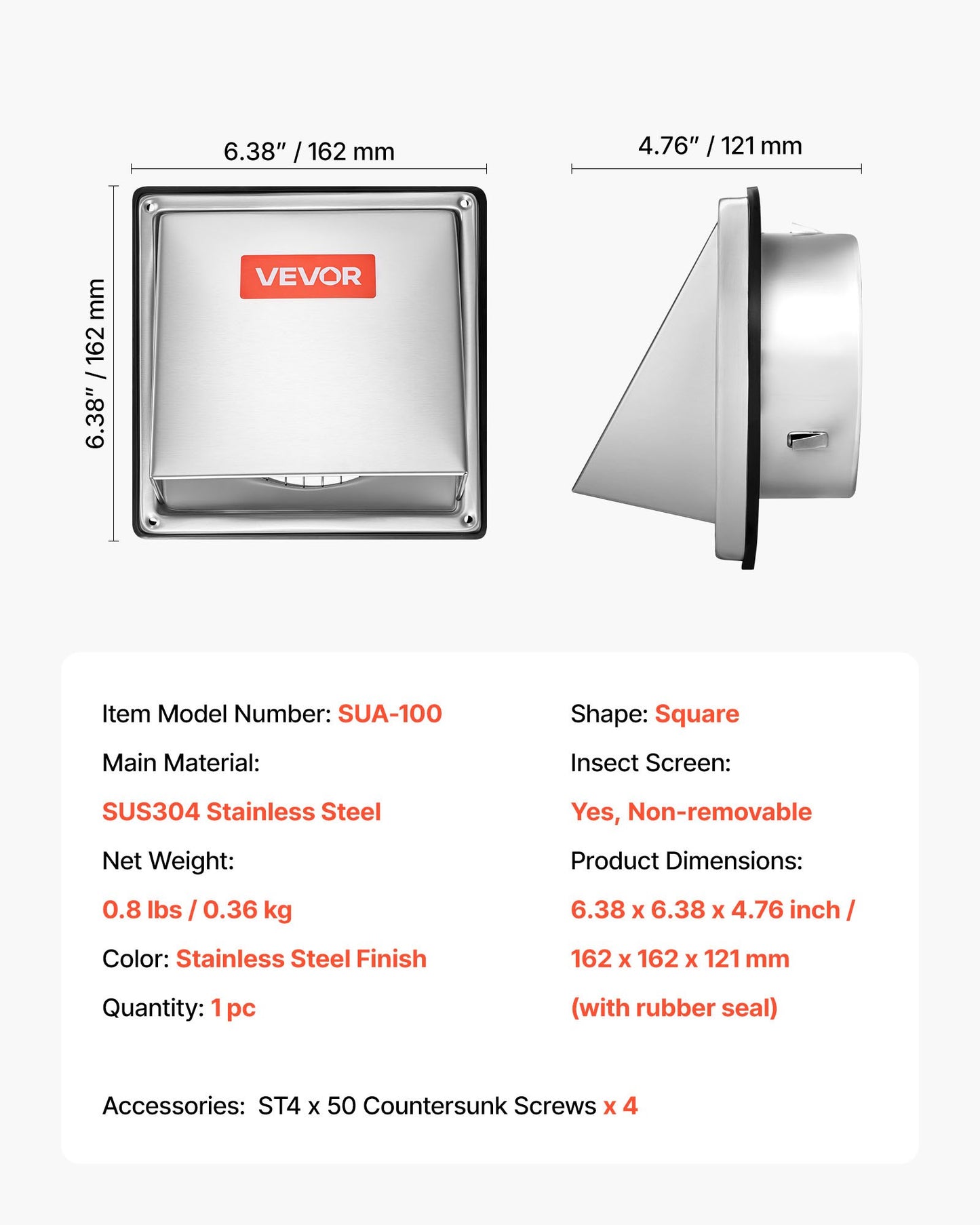 97 mm väggventilationsskydd för utvändig ventilation, fyrkantigt AC-ventilationsskydd, premium rostfritt stål och med inbyggd skyddsskärm, för hus, badrum, garage, kök, källare (1-pack, silver)