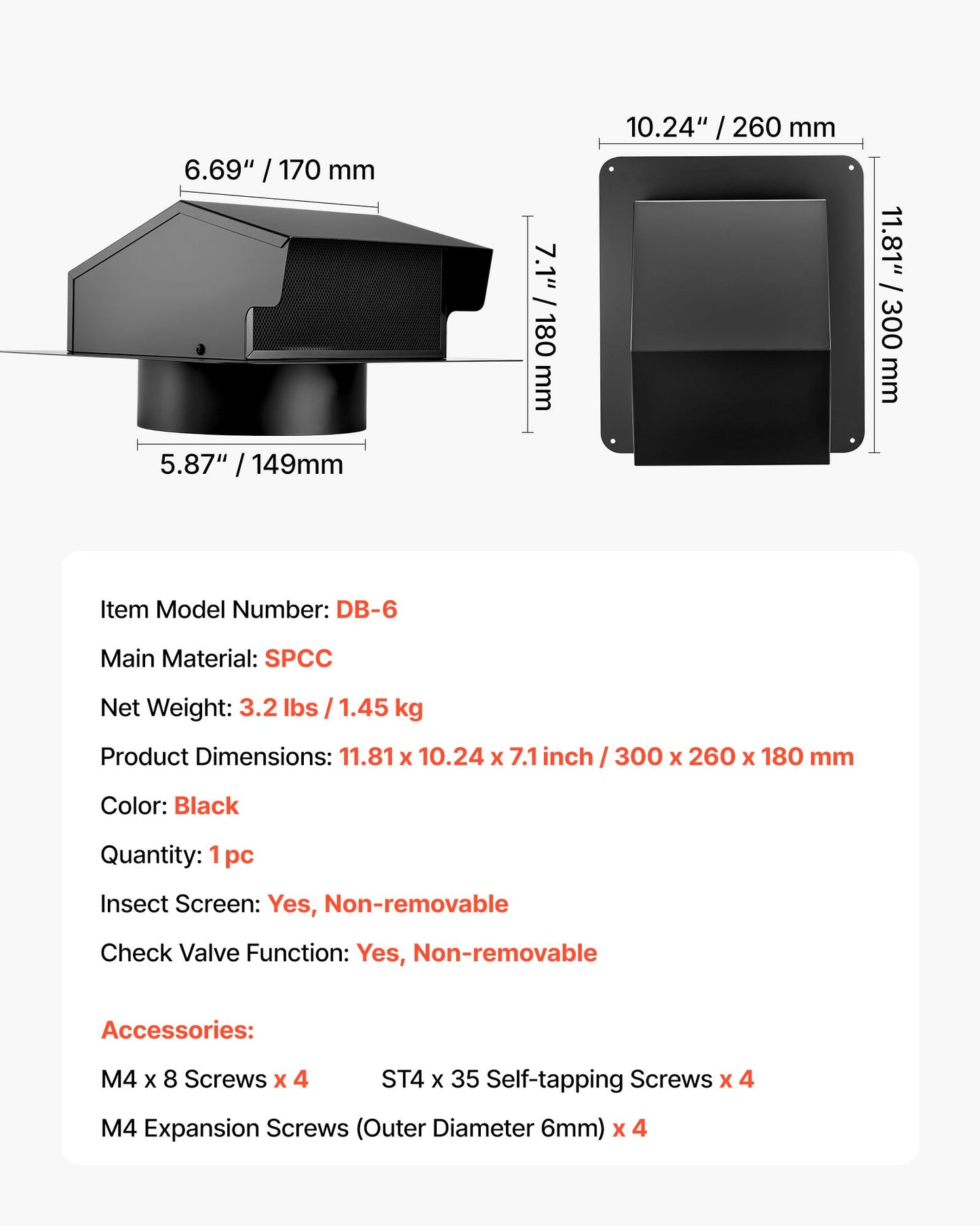 149 mm väggkåpa med huva, fyrkantigt AC-ventilationsgavelskydd, premium SPCC-stål och med inbyggd skyddsskärm, för tak, väggar, utvändiga kanaler och avgasutlopp (1-pack, svart)