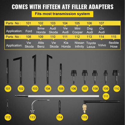 Manuell ATF-påfyllningssystem för transmissionsoljepump, olje- och vätskepåfyllningsluftare 7,5 liter stor kapacitet, verktygssats för automatväxellådspump med 15 delar ATF-påfyllningsadaptrar