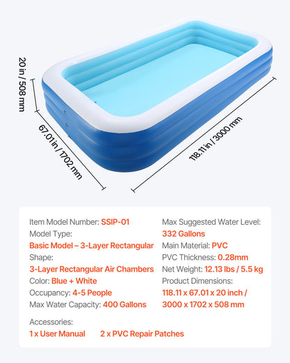 Inflatable Pool, 3000 x 1702 x 508mm Large Inflatable Swimming Pool, Family Large Swimming Pools with Repair Patches, Blow Up Pools for Kids, Adults, Family, Indoor Outdoor, Summer Water Party