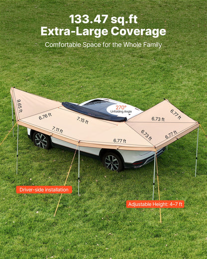 270 Degree Awning with Bulit-in LED Lights, 12.4 ㎡ Driver Side Vehicle Awning, Waterproof UV50+ Car Side Awnings, All-Weather Free-Standing Overland Awnings Car Shelter for SUV Truck Camping