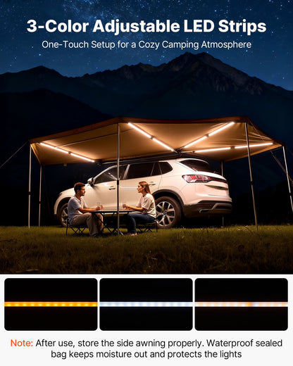 270 Degree Awning with Bulit-in LED Lights, 12.4 ㎡ Driver Side Vehicle Awning, Waterproof UV50+ Car Side Awnings, All-Weather Free-Standing Overland Awnings Car Shelter for SUV Truck Camping
