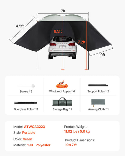 Vehicle Awning, Large 10' x 7' Shade Coverage Car Side Awning, PU2000mm UV50+ Car Awning with Extended Side Canopies and Portable Storage Bag, Suitable for Truck, SUV, Van, Campers