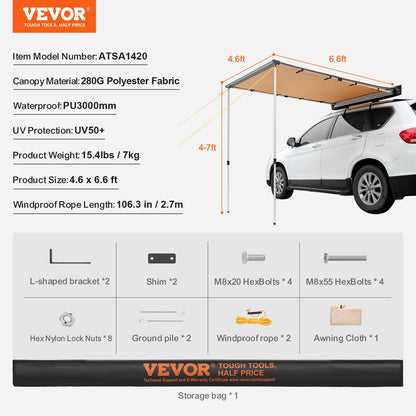 Car Side Awning, Large 4.6'x6.6' Shade Coverage Vehicle Awning, PU3000mm UV50+ Retractable Car Awning with Waterproof Storage Bag, Suitable for Truck, SUV, Van, Campers