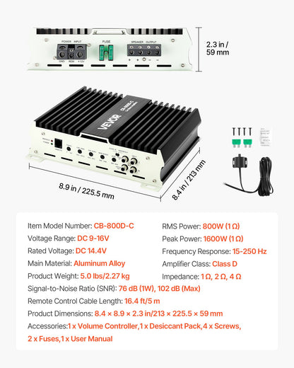 Monoblock Car Amplifier, 800W RMS MAX, 1/2/4 Ohm Stable, 1-Channel Class D Car Audio Amplifier with Remote Subwoofer Level Control, Low Pass Filter, Bass Boost & Phase Shift, Volume Controller