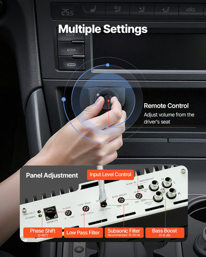 Monoblock Car Amplifier, 1200W RMS MAX, 1/2/4 Ohm Stable, 1-Channel Class D Car Audio Amplifier with Remote Subwoofer Level Control, Low Pass Filter, Bass Boost & Phase Shift, Volume Controller