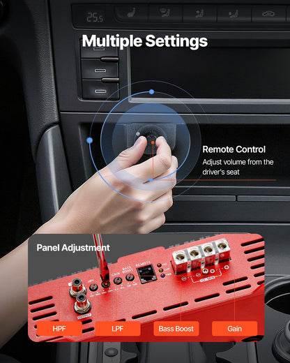 Monoblock Car Amplifier, 1500W RMS MAX, 1/2/4 Ohm Stable, 1-Channel Class D Car Audio Amplifier with Remote Subwoofer Level Control, Low Pass Filter and Bass Boost, Volume Controller Included