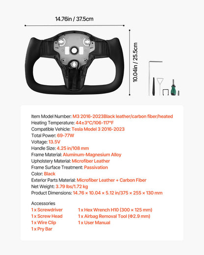 Steering Wheel for 2016-2023 Tesla Model 3, Carbon Fiber Steering Wheel D-Shaped Flat-Bottom with Heating Function, Leather Grip with Non-Slip Texture, Accessories Replacement for Model 3, Black