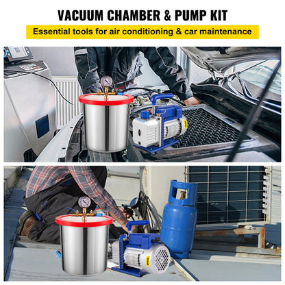 11 L(3 Gallon) 117 L/min(4 CFM) Single Stage Vacuum Pump, 186W(1/4HP) Vacuum Chamber Stainless Steel Vacuum Degassing Chamber 160F Acrylic Lid Kit