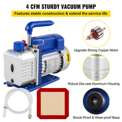 11 L(3 Gallon) 117 L/min(4 CFM) Single Stage Vacuum Pump, 186W(1/4HP) Vacuum Chamber Stainless Steel Vacuum Degassing Chamber 160F Acrylic Lid Kit