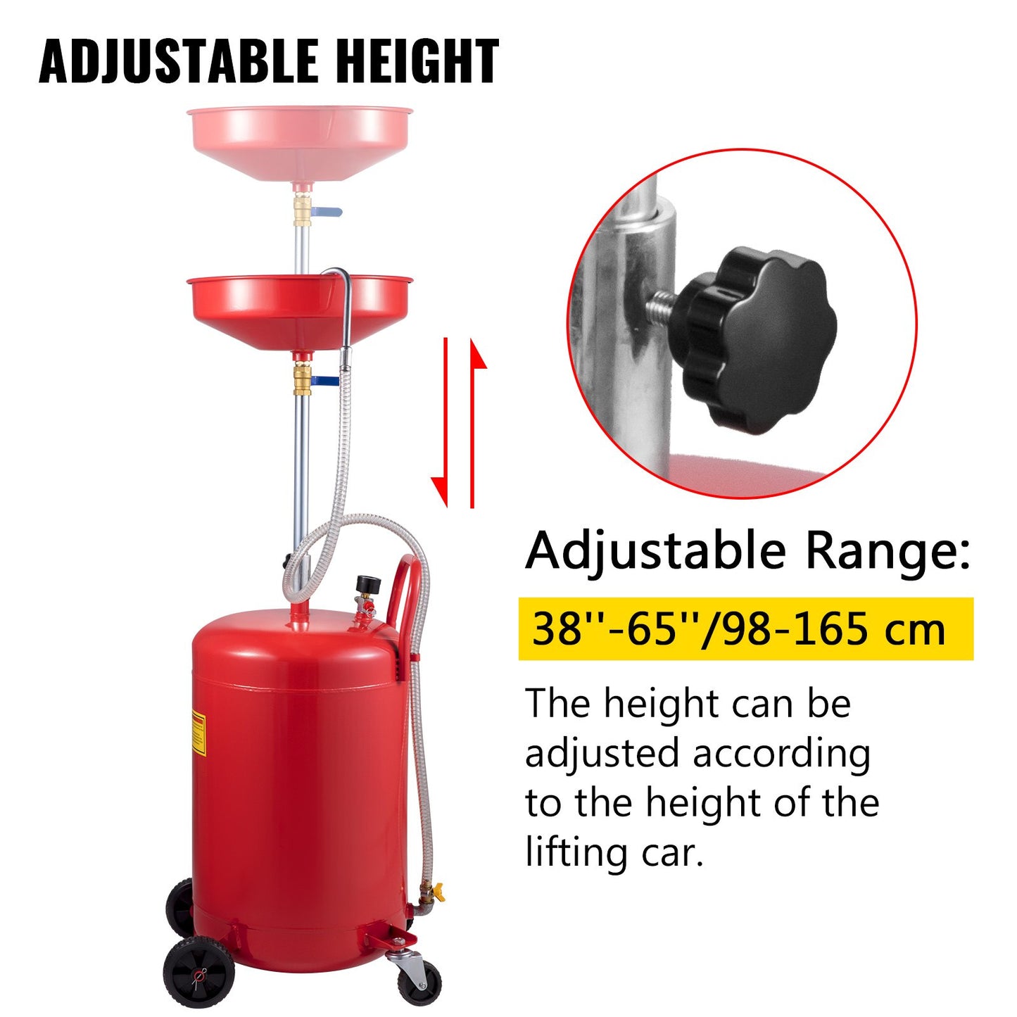 Waste Oil Drain Tank 80 L Portable Oil Drain Air Operated Drainer Oil Change, Oil Drain Container, Fluid Fuel Transfer Drainage Adjustable Funnel Height, with Wheel for Easy Oil Removal