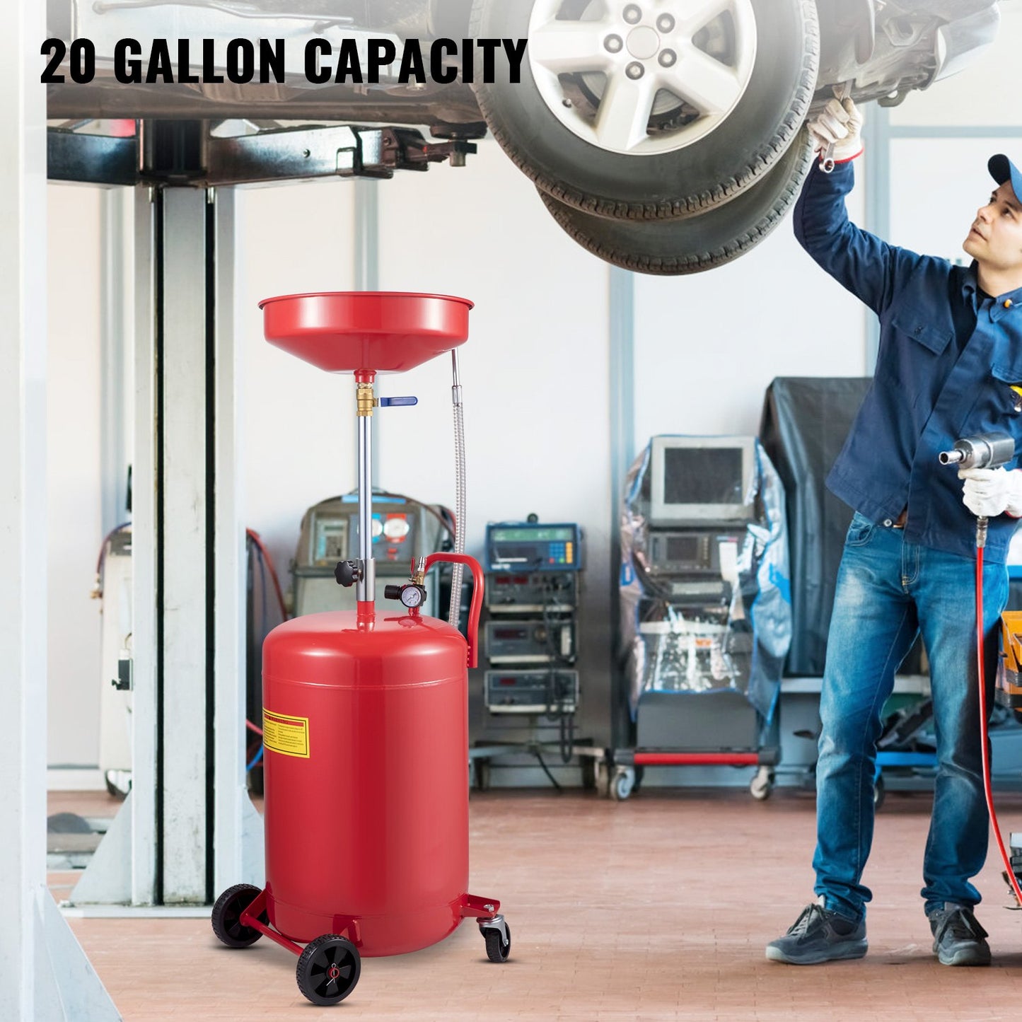 Spilloljeavtappningstank 80 l bärbar oljeavtappning luftdriven avtappning oljebyte, oljeavtappningsbehållare, vätskebränsleöverföring dränering justerbar tratthöjd, med tryckregleringsventil