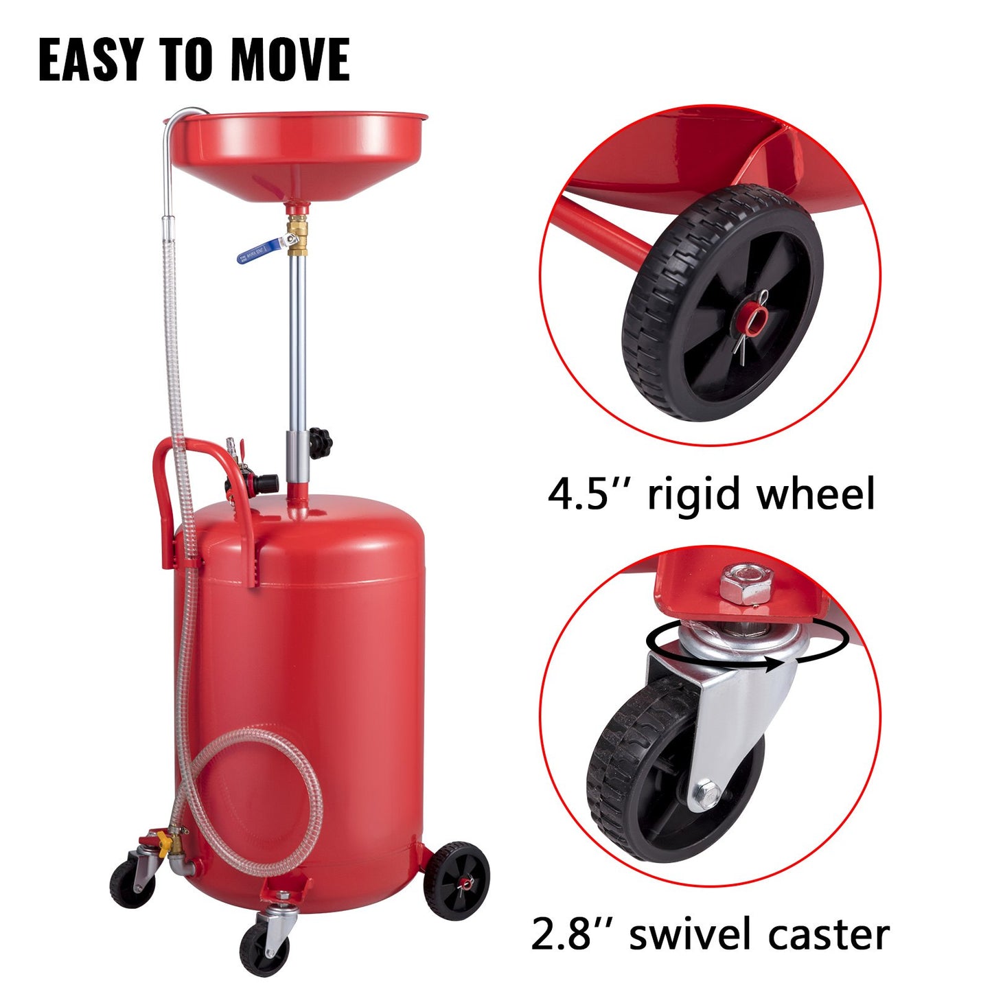 Spilloljeavtappningstank 80 l bärbar oljeavtappning luftdriven avtappning oljebyte, oljeavtappningsbehållare, vätskebränsleöverföring dränering justerbar tratthöjd, med tryckregleringsventil