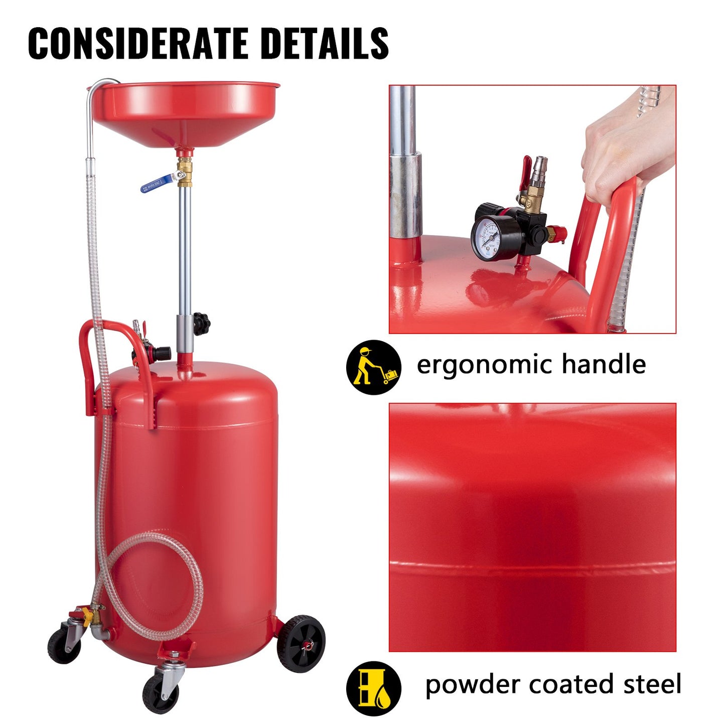 Spilloljeavtappningstank 80 l bärbar oljeavtappning luftdriven avtappning oljebyte, oljeavtappningsbehållare, vätskebränsleöverföring dränering justerbar tratthöjd, med tryckregleringsventil