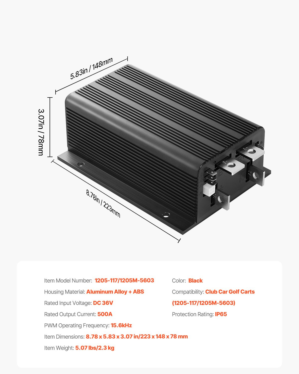 Golf Cart Speed Controller, 36V & 500A, DC Motor Controller Replacement for Club Car Golf Carts, IP65 Rated Protection, Aluminum Alloy & ABS Housing, Compatible with 1205-117/1205M-5603 Models