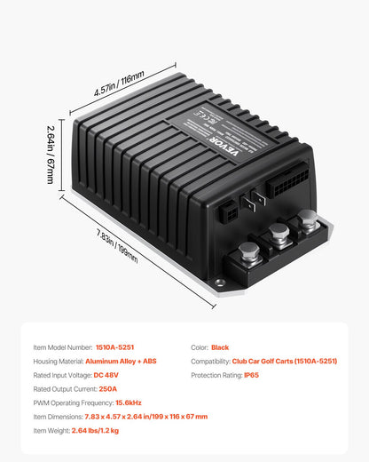 Golf Cart Speed Controller, 48V & 250A, DC Motor Controller Replacement for 2000-2008 Club Car Golf Carts, IP65 Rated Protection, Aluminum Alloy & ABS Housing, Compatible with 1510A-5251 Models