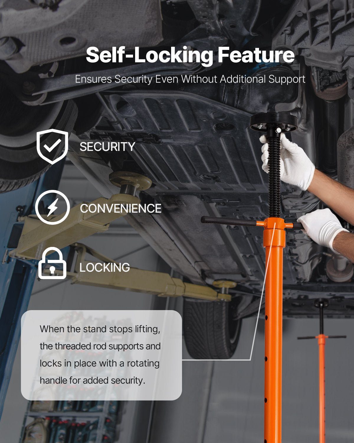 Stödstativ för underlyft, 3/4 tons kapacitet Domkraft för underlyft, Lyft från 38,4 till 75,4 tum, Lagermonterat snurrhandtag, Självlåsande gängad skruv, Två hjul, Stödfordonskomponenter