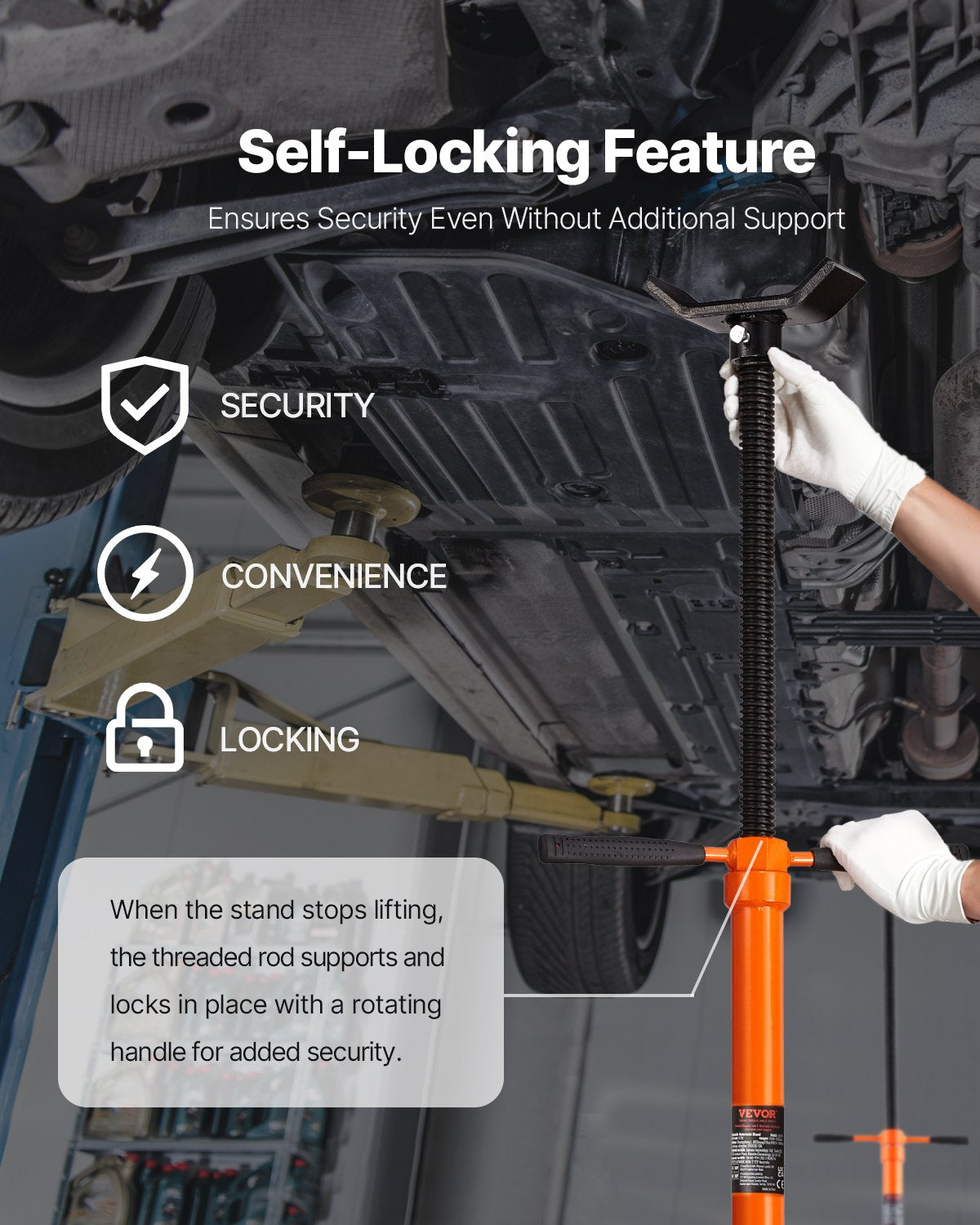 Stödstativ för underlyft, 3/4 tons kapacitet Domkraft för underlyft, Lyft från 52,8 till 76 tum, Självlåsande gängad skruv, Lagermonterad domkraft med vridhandtag, Stödfordonskomponenter