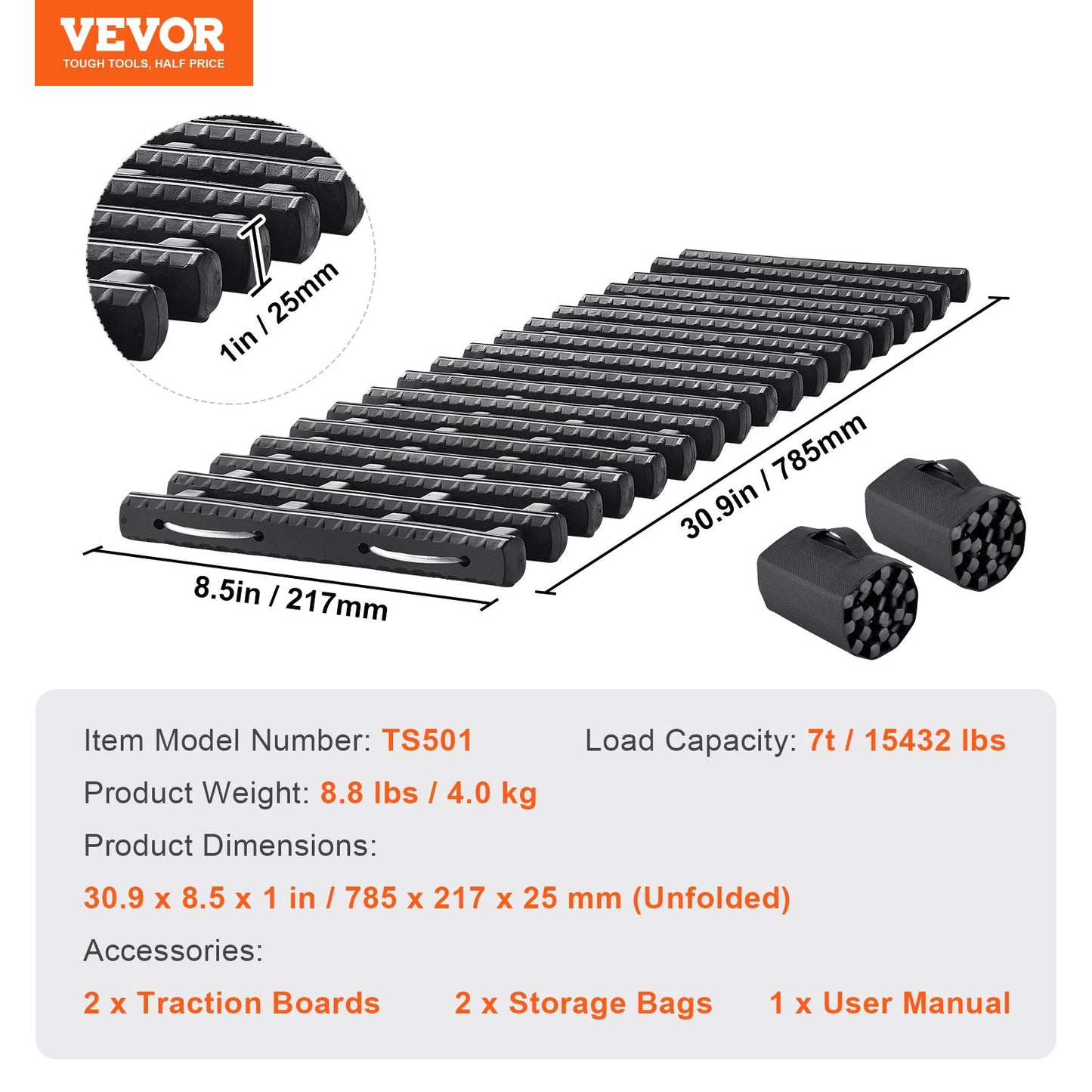 7 TON Traction Boards with TPR Material, Recovery Boards for Off-road Vehicles/Cars/Pickups/SUVs/RVs, Pair Tire Traction Mats on Snow, Sand, Mud and Loose Terrain, Storage Bags, Short, Black