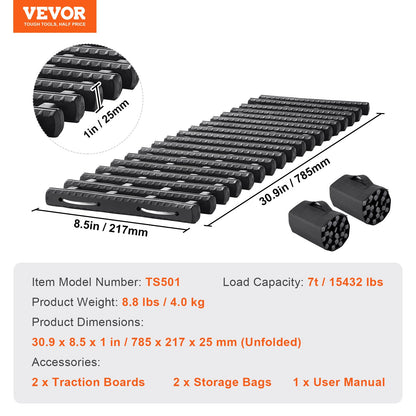 7 TON Traction Boards with TPR Material, Recovery Boards for Off-road Vehicles/Cars/Pickups/SUVs/RVs, Pair Tire Traction Mats on Snow, Sand, Mud and Loose Terrain, Storage Bags, Short, Black