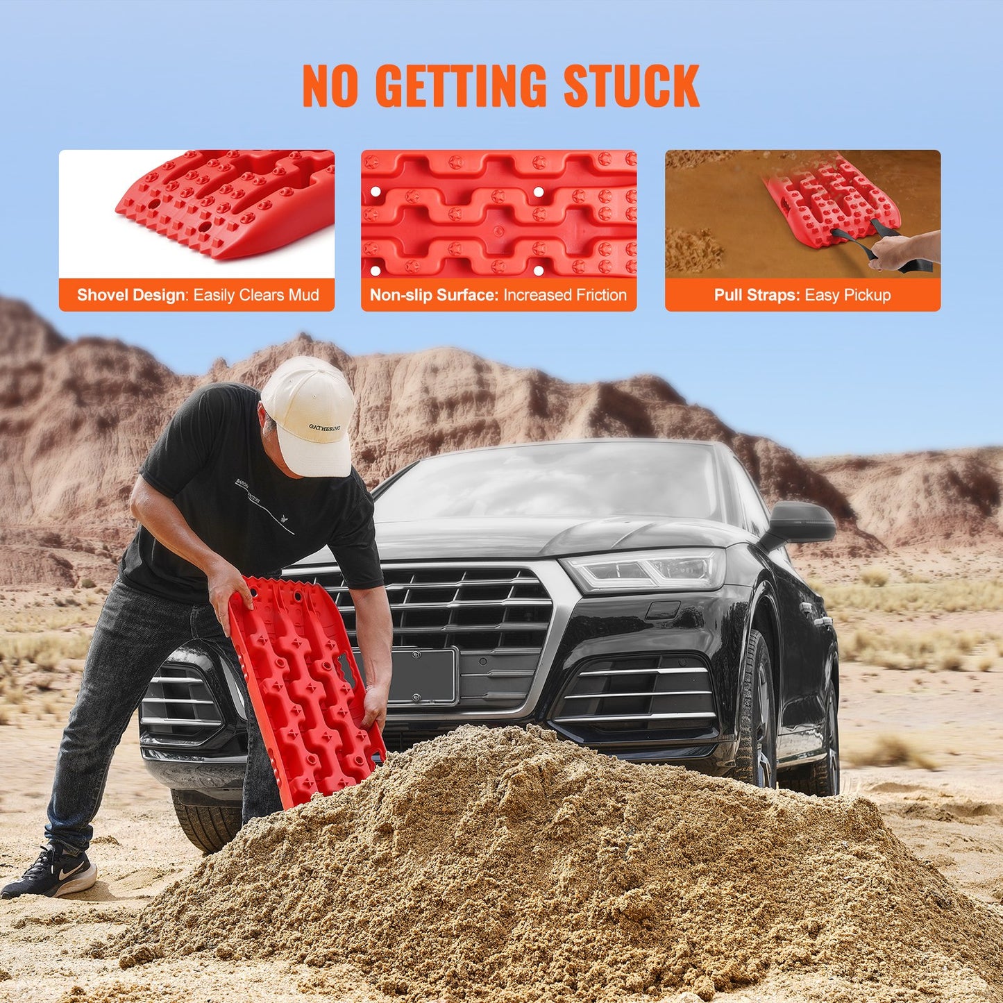 10 TON Traction Boards with PP Material, Recovery Boards for Off-road Vehicles/Cars/Pickups/SUVs/RVs, Pair Tire Traction Mats on Snow, Sand, Mud and Loose Terrain, Storage Bag, Short, Red