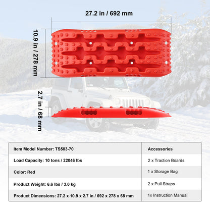 10 TON Traction Boards with PP Material, Recovery Boards for Off-road Vehicles/Cars/Pickups/SUVs/RVs, Pair Tire Traction Mats on Snow, Sand, Mud and Loose Terrain, Storage Bag, Short, Red