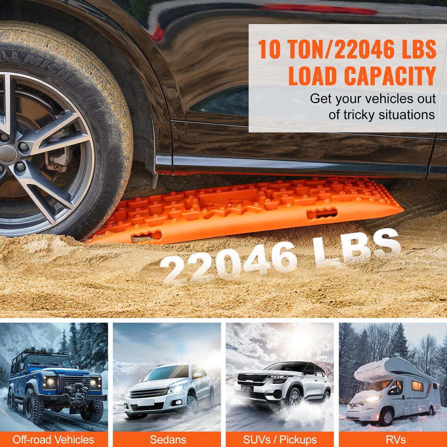 10 TON Traction Boards with PP Material, Recovery Boards for Off-road Vehicles/Cars/Pickups/SUVs/RVs, Pair Tire Traction Mats on Snow, Sand, Mud and Loose Terrain, Storage Bag, Long, Orange