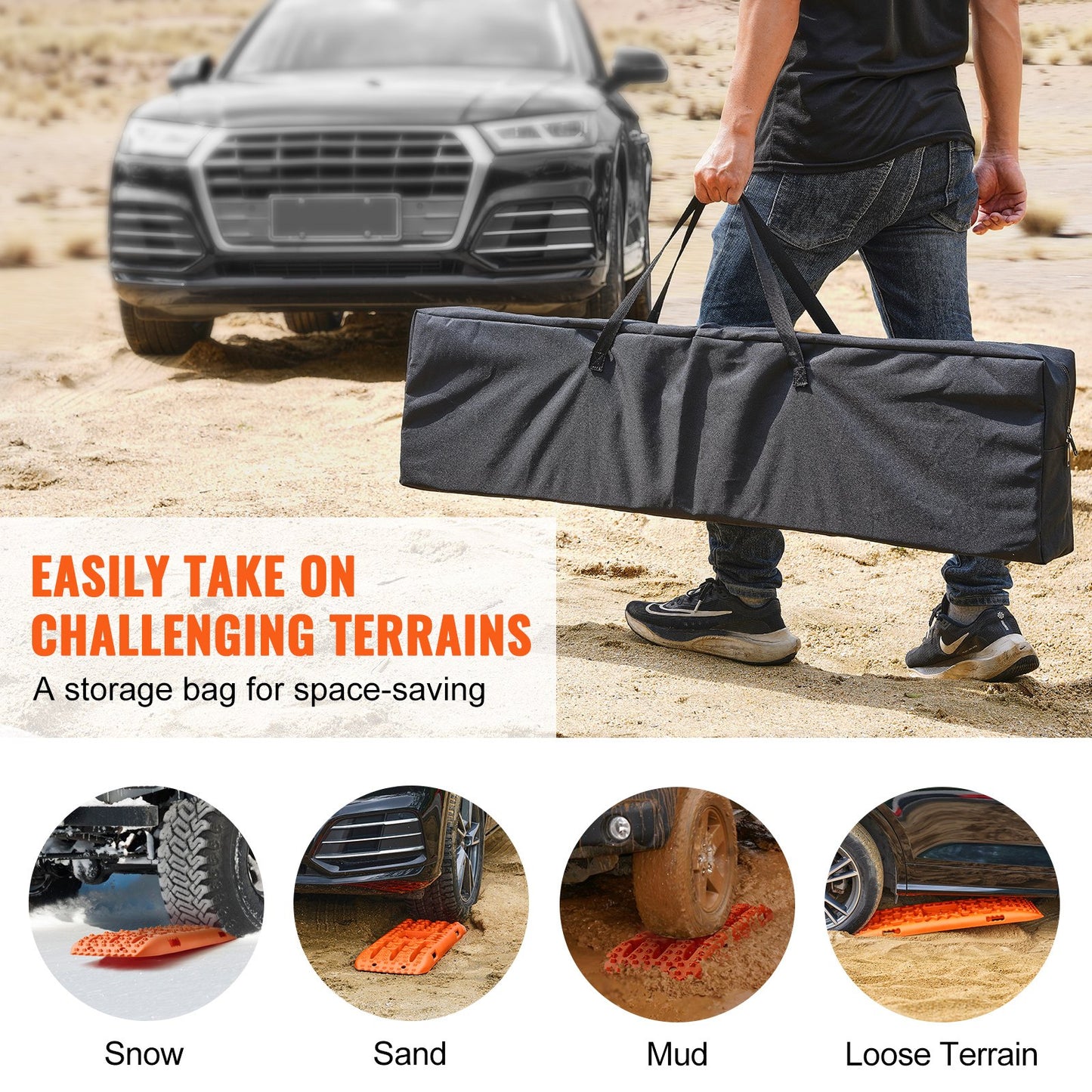 10 TON Traction Boards with PP Material, Recovery Boards for Off-road Vehicles/Cars/Pickups/SUVs/RVs, Pair Tire Traction Mats on Snow, Sand, Mud and Loose Terrain, Storage Bag, Long, Orange