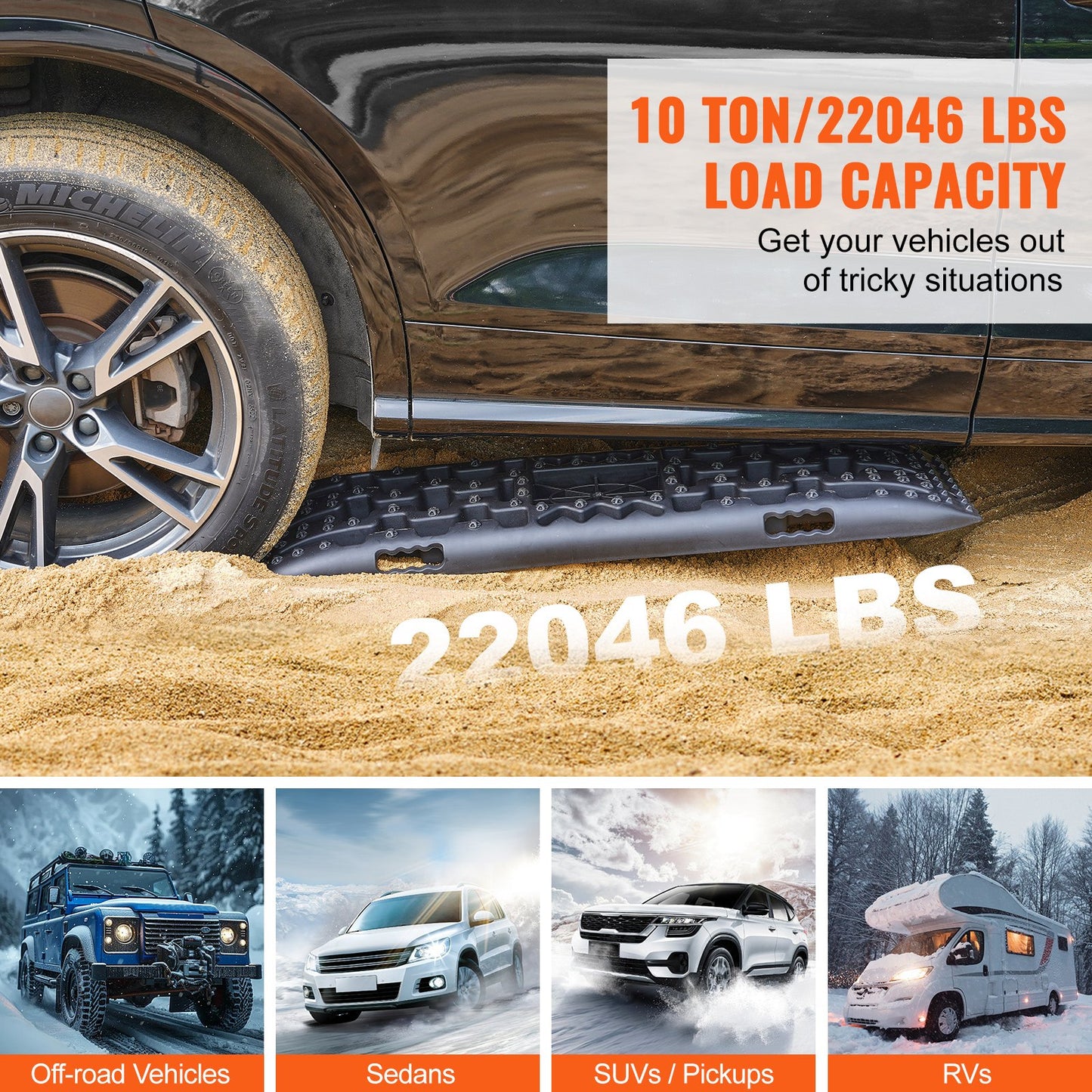 10 TON Traction Boards with PP Material, Recovery Boards for Off-road Vehicles/Cars/Pickups/SUVs/RVs, Pair Tire Traction Mats on Snow, Sand, Mud and Loose Terrain, Storage Bag, Long, Black