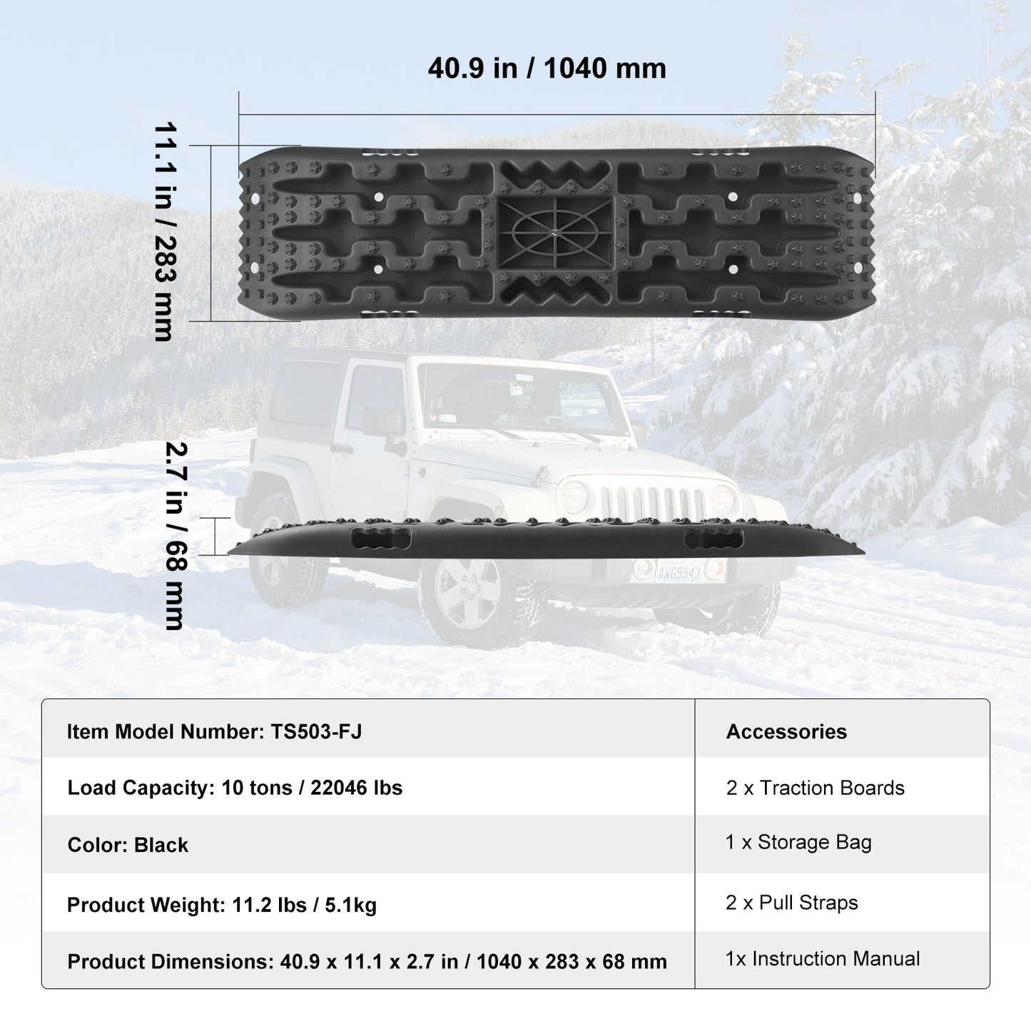 10 TON Traction Boards with PP Material, Recovery Boards for Off-road Vehicles/Cars/Pickups/SUVs/RVs, Pair Tire Traction Mats on Snow, Sand, Mud and Loose Terrain, Storage Bag, Long, Black