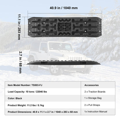 10 TON Traction Boards with PP Material, Recovery Boards for Off-road Vehicles/Cars/Pickups/SUVs/RVs, Pair Tire Traction Mats on Snow, Sand, Mud and Loose Terrain, Storage Bag, Long, Black