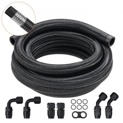 10AN Fuel Line Kit, 10 FT Fuel Hose Kit, 0.55" Nylon Stainless Steel Braided Fuel Line Oil/Gas/Diesel Hose End Fitting Kit, with 7 PCS Swivel Fitting Adapter Kit, Black