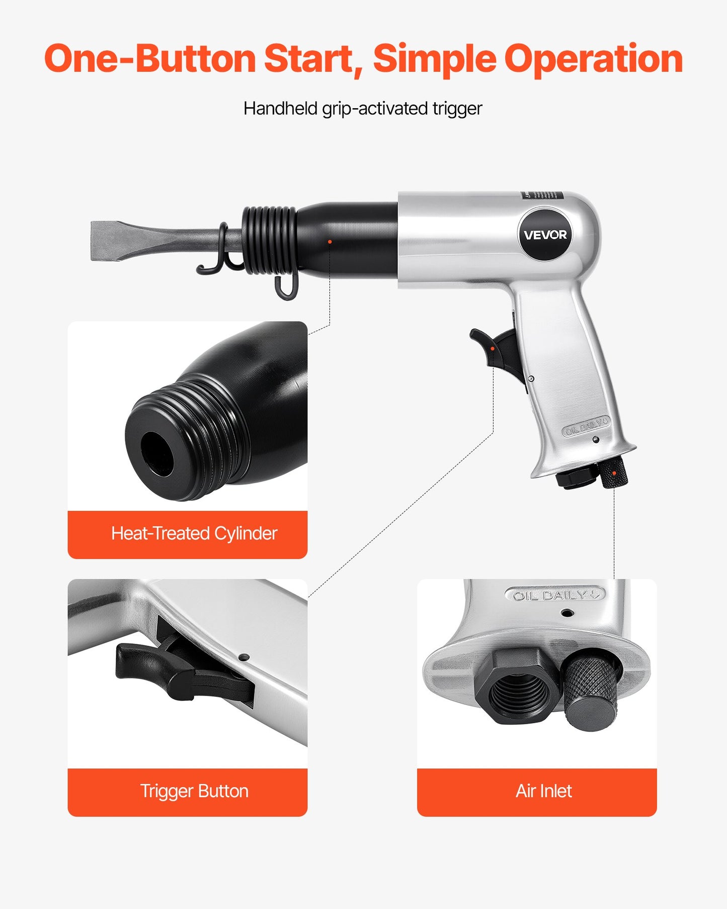 Lufthammare, 3500 slag/min pneumatisk hammare med 70 mm slaglängd och 4 stämjärn med runt skaft, kompakt luftmejsel med pistolgrepp och pneumatisk spade för skärning, stansning, skrapning