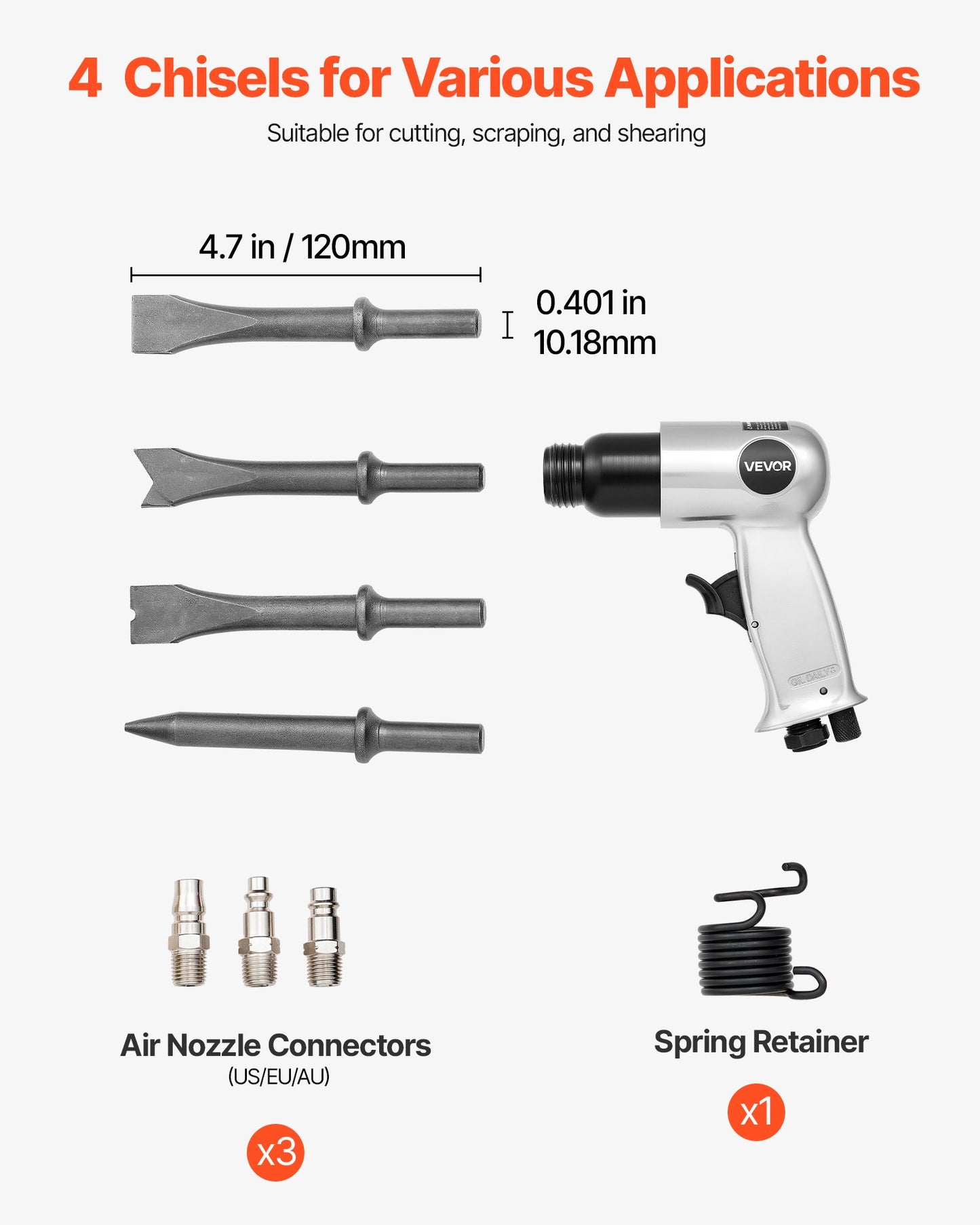 Air Hammer, 4500BPM Pneumatic Hammer with 40mm Stroke & 4PCS Chisels Round Shank, Lightweight & Compact Air Chisel Pneumatic Shovel Tool for Cutting Punching Scraping