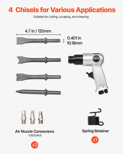 Air Hammer, 4500BPM Pneumatic Hammer with 40mm Stroke & 4PCS Chisels Round Shank, Lightweight & Compact Air Chisel Pneumatic Shovel Tool for Cutting Punching Scraping