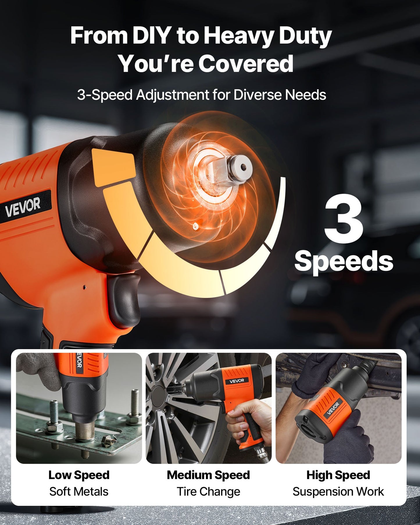 Luftdriven slagnyckel, 1/2"-fäste, pneumatisk slagnyckel upp till 1490 Nm bakåtmoment, 7500 varv/min, 4-växlad justerbar och lätt pneumatisk pistol för bilreparationer och underhåll