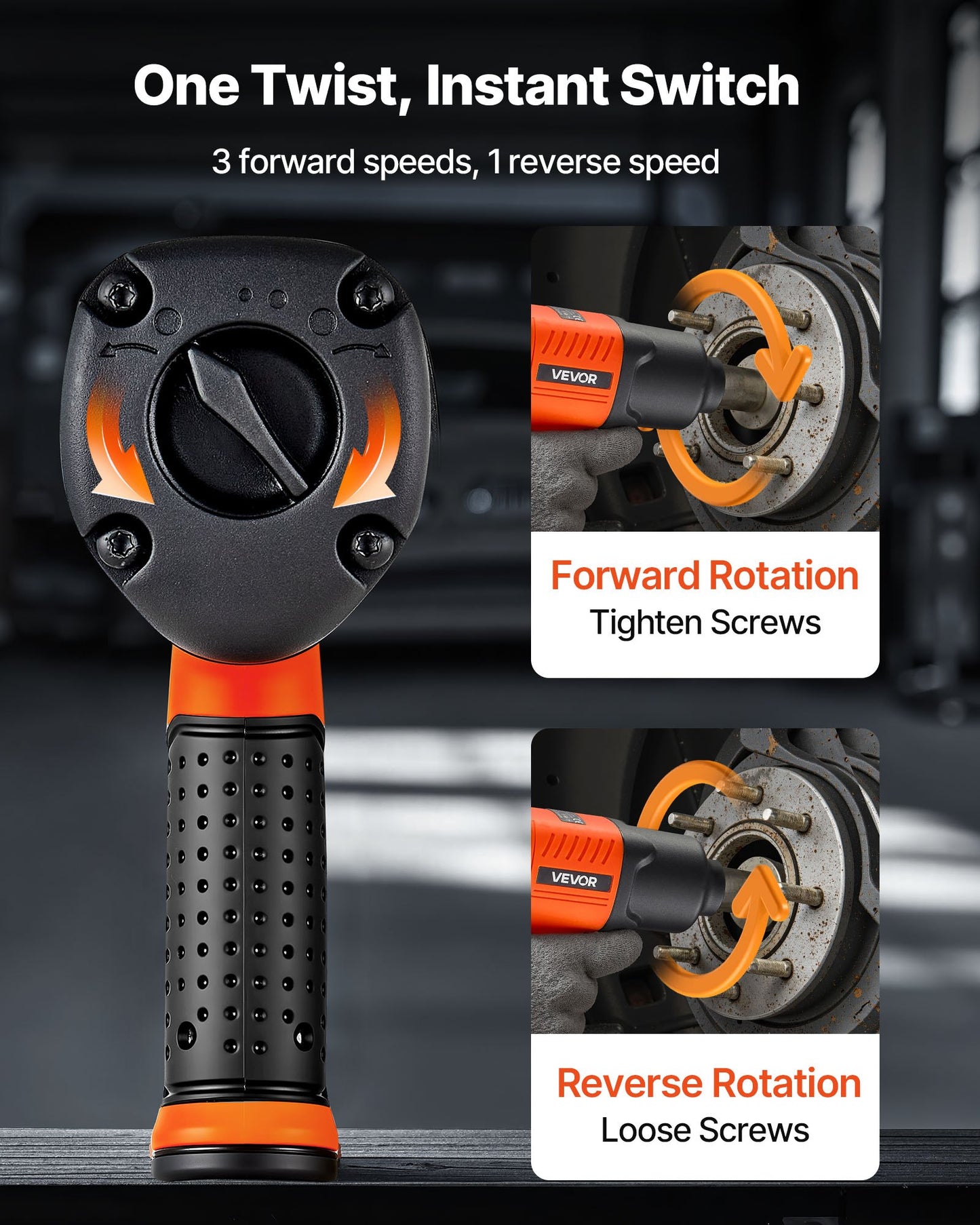 Luftdriven slagnyckel, 1/2"-fäste, pneumatisk slagnyckel upp till 1490 Nm bakåtmoment, 7500 varv/min, 4-växlad justerbar och lätt pneumatisk pistol för bilreparationer och underhåll