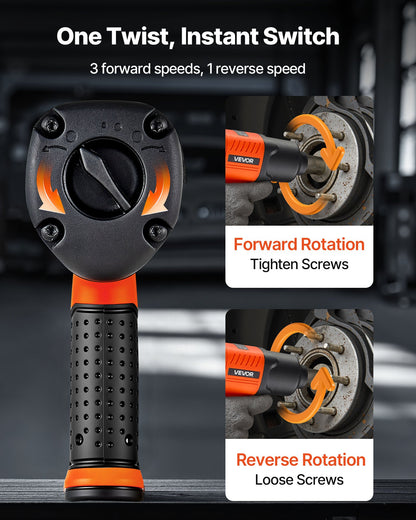 Luftdriven slagnyckel, 1/2"-fäste, pneumatisk slagnyckel upp till 1490 Nm bakåtmoment, 7500 varv/min, 4-växlad justerbar och lätt pneumatisk pistol för bilreparationer och underhåll