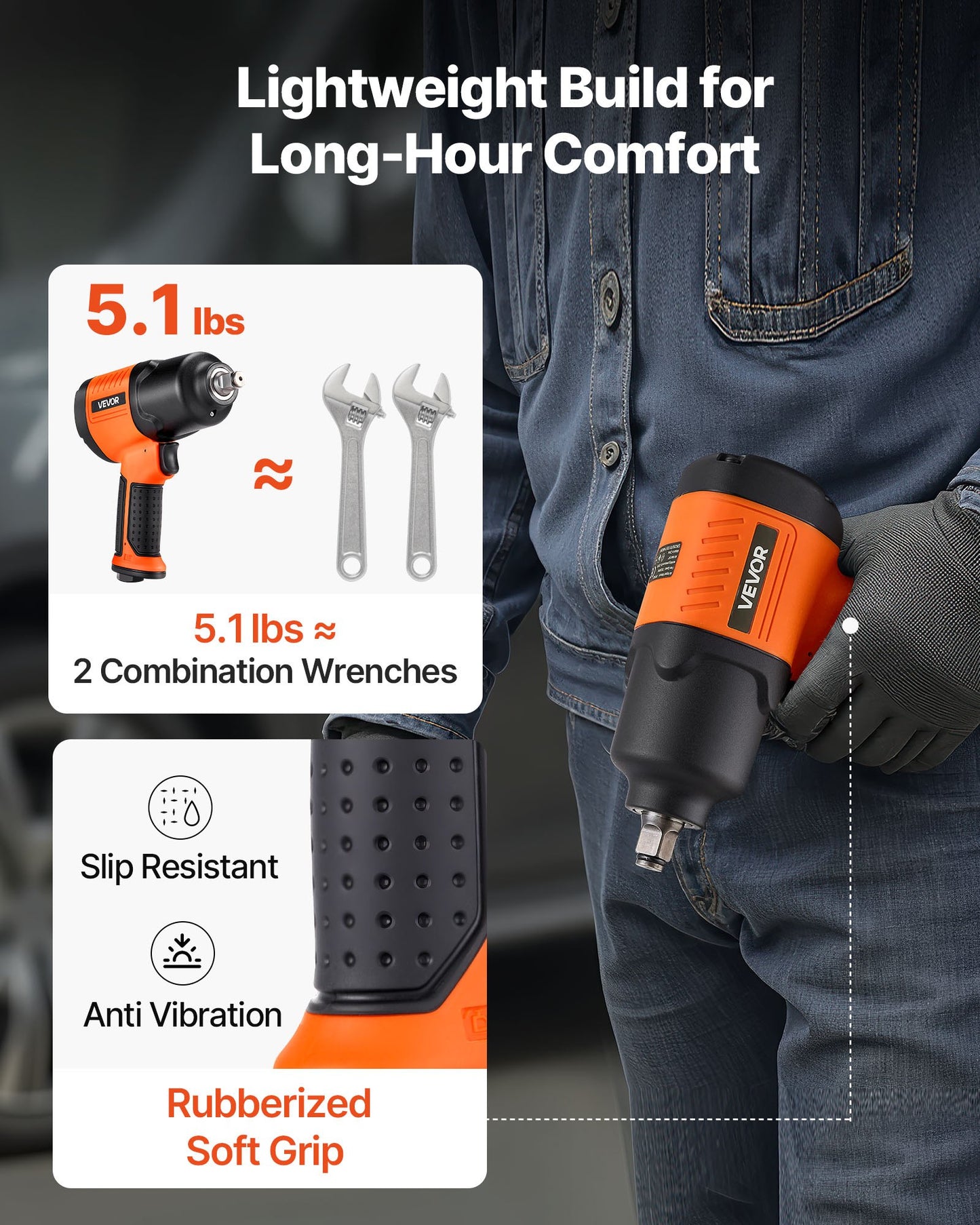 Luftdriven slagnyckel, 1/2"-fäste, pneumatisk slagnyckel upp till 1490 Nm bakåtmoment, 7500 varv/min, 4-växlad justerbar och lätt pneumatisk pistol för bilreparationer och underhåll