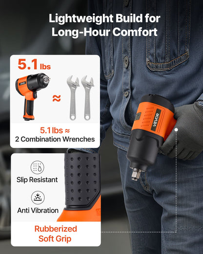 Luftdriven slagnyckel, 1/2"-fäste, pneumatisk slagnyckel upp till 1490 Nm bakåtmoment, 7500 varv/min, 4-växlad justerbar och lätt pneumatisk pistol för bilreparationer och underhåll