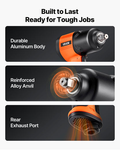 Luftdriven slagnyckel, 1/2"-fäste, pneumatisk slagnyckel upp till 1490 Nm bakåtmoment, 7500 varv/min, 4-växlad justerbar och lätt pneumatisk pistol för bilreparationer och underhåll