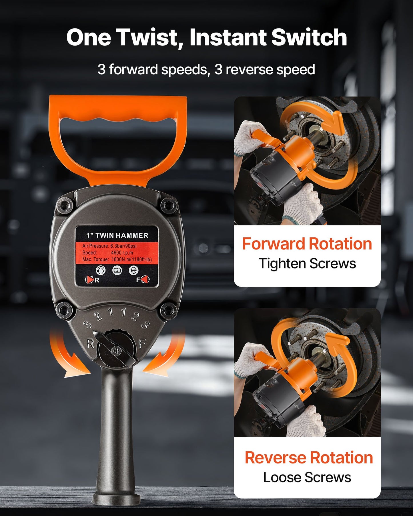 1-tums luftslagskruvmejsel, dubbelhammare luftslagpistol, upp till 1626 Nm bakåtvridmoment, 4600 varv/min 6-växlad pneumatisk skiftnyckel för krävande bilreparationer och underhåll