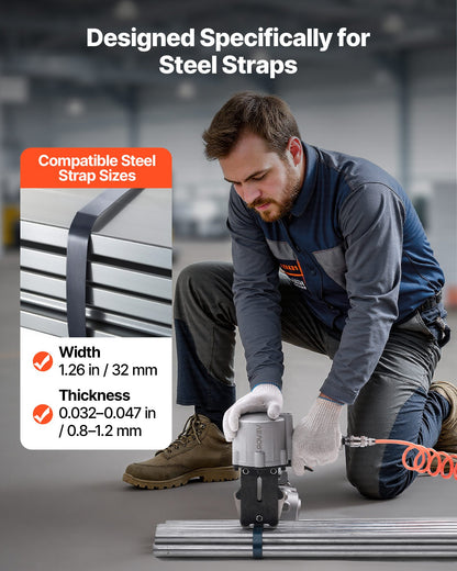 Pneumatic Steel Strapping Machine, 8500 N Tension Force, Metal Strapping Tool Tensioner and Cutter Sealer for 32 mm Width Metal Belt, Heavy Duty Split Type Baler for High Tensile Packaging