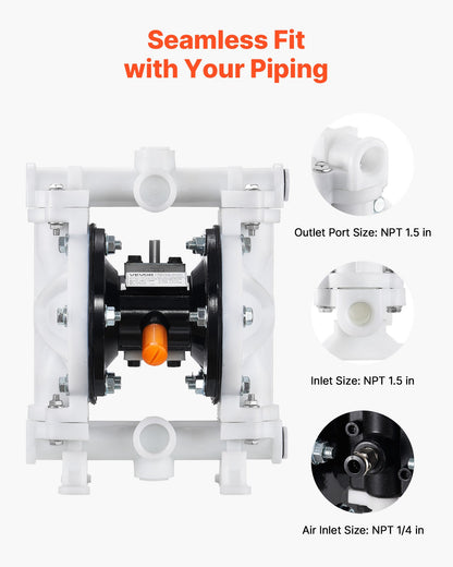 Luftdriven dubbelmembranpump, max 16,66 l/min, standard inlopps- och utloppsluft, pneumatisk spilloljeöverföringspump, polypropylenhus, dubbla membran, för diesel, fett, fotogen, bensin