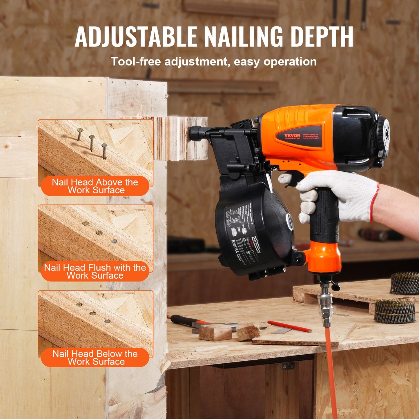Coil Siding Nailer CN65, 1-1/4" to 2-1/2" 15 Degree Pneumatic Siding Nail Gun with Tool-Less Depth Adjustment, 70-120PSI Air Coil Nailer for Siding, Pallet Sheathing, Wooding, Fencing, Decking