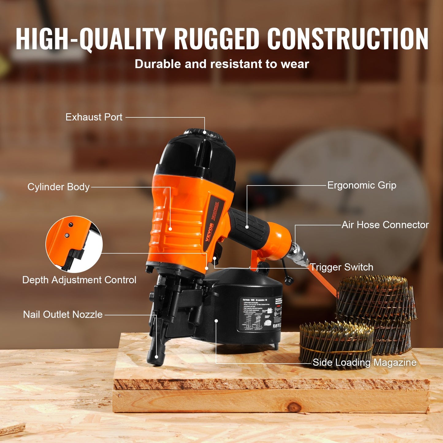 Coil Siding Nailer CN65, 1-1/4" to 2-1/2" 15 Degree Pneumatic Siding Nail Gun with Tool-Less Depth Adjustment, 70-120PSI Air Coil Nailer for Siding, Pallet Sheathing, Wooding, Fencing, Decking